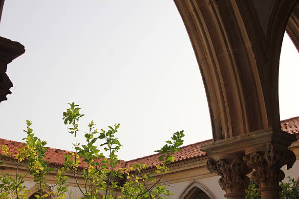 View through a stone gothic archway into a sunny cloister garden with lemon trees and tiled roofs.