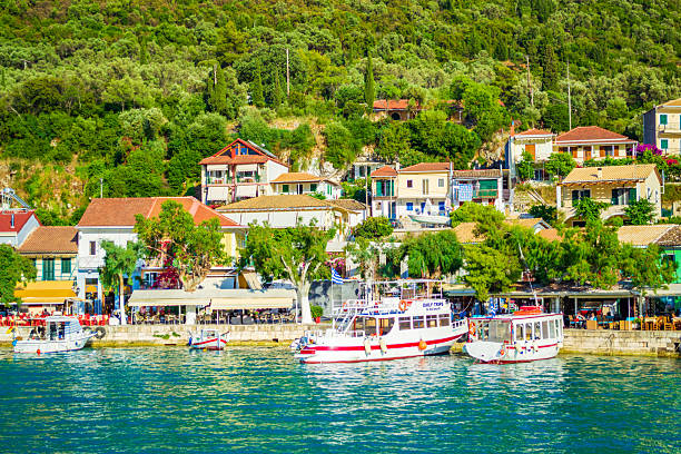 Vasiliki,Greece,June 13 2015:Scenic View of picturesque Vasiliki harbour, Lefkada Ionian islands beautiful scenery.It is a town in the municipal unit of Apollonioi, on the island of Lefkada