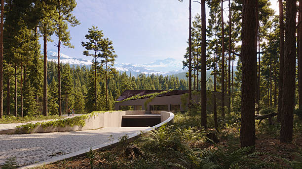 A modern low-profile building designed to blend into the surrounding forest and landscape, showing a vision of nature-first sustainable architecture. Calm, realistic light and atmosphere highlight coexistence with the environment. (3d render)