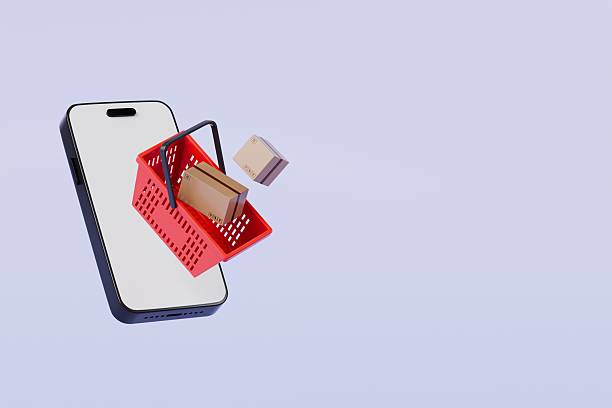 istock 3D Shopping basket with mobile phone and cardboard box icon isolated on purple background. Element for Online Shopping, E-Commerce Concept. Minimal Cartoon shopping basket and parcel boxes. 3d render. 2254147708