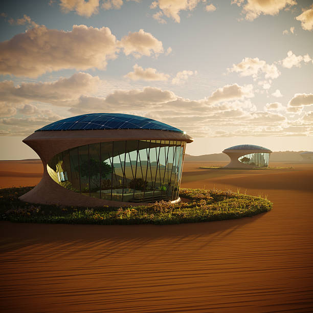 A futuristic desert dwelling designed to collect energy and nurture green life in the harsh environment. The structure blends sustainable technology with organic architecture to imagine resilient future living (3d render).