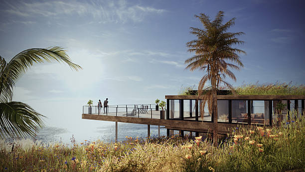 A modern elevated eco house with a green roof extends over the ocean, blending minimalist coastal architecture with untouched wildflowers and natural shoreline terrain. Concept image of future sustainable travel and architecture in harmony with nature. (3D render)