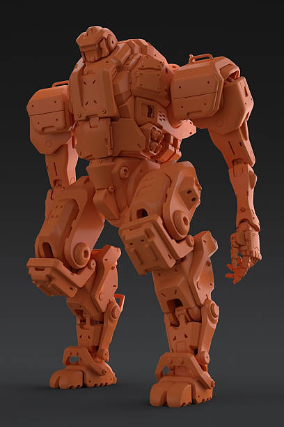 istock 3d render 3D print of the sci-fi mech soldier standing on a black background. 3d printed model of military futuristic robot in orange color. Mech controlled by a pilot. Big robot mech Battle. 2254147907