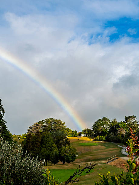Vibrant rainbow arching across a cloudy sky, illuminating a lush green golf course with rolling hills, trees, and native New Zealand vegetation on the North Island