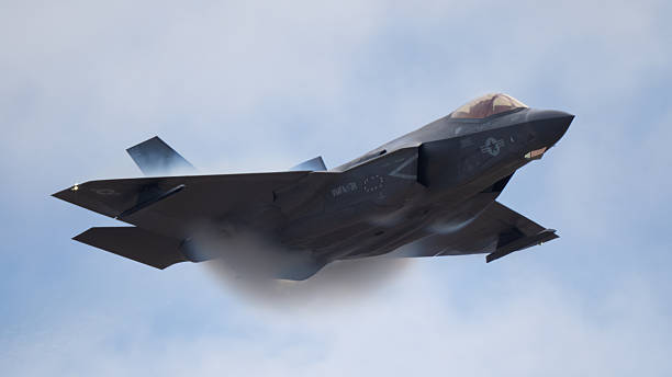 Close-up of F-35 Fighter jet aircraft flying at sunset.