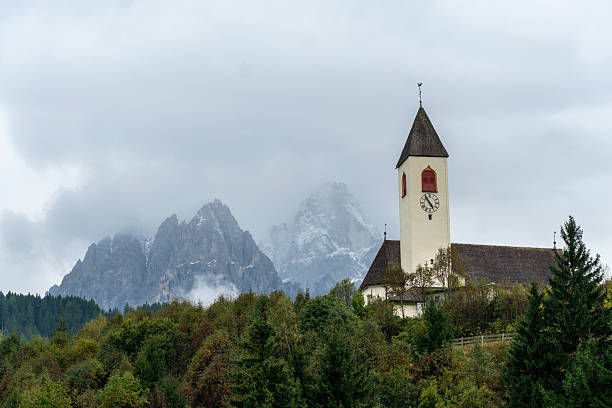 Small church on Dolomites mountain. Beautiful nature.