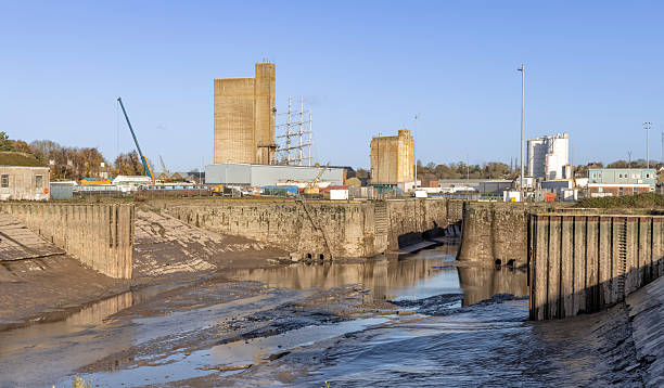 The tidal basin of 19th Century Sharpness Docks at low tide, Sharpness, Gloucestershire, United Kingdom