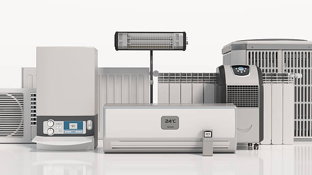 Different heating and cooling appliances are arranged in a clean space. The items include air conditioners, heaters, and fans. They offer options for temperature control.