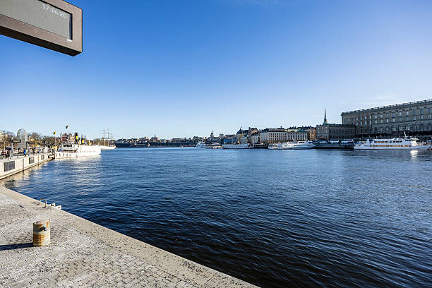 Panoramic view of city of Stockholm, Sweden with its islands, boats, buildings and palaces.