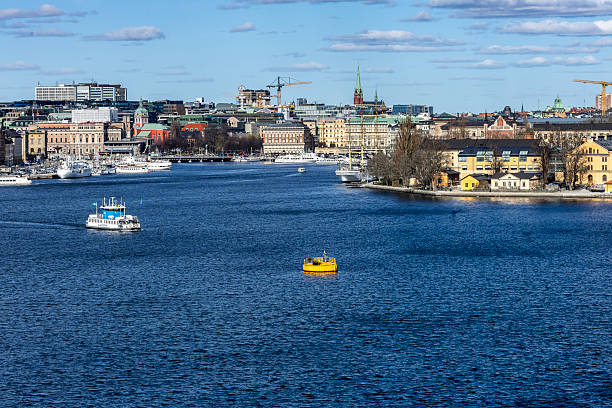 Panoramic view of city of Stockholm, Sweden with its islands, boats, buildings and palaces.