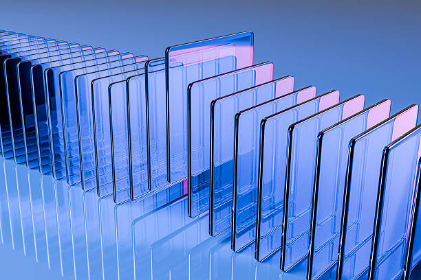 Abstract 3D illustration of transparent glass panels arranged in a repeating pattern with blue and pink gradient reflections. Modern futuristic background representing technology, data flow, digital interface, innovation, and minimal design. Ideal for tech, fintech, UI, AI, and corporate visual concepts.