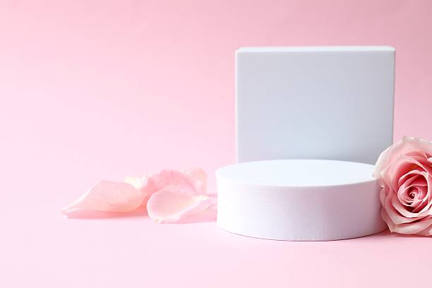 istock Pink rose petals with podium on a color background 2254196816