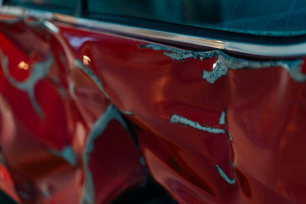 Car accident crash, Car accident protection, Claim collision, Auto emergency. Crashed car claim insurance. Warranty policy service. Serious problems. A red car with a damaged front end.