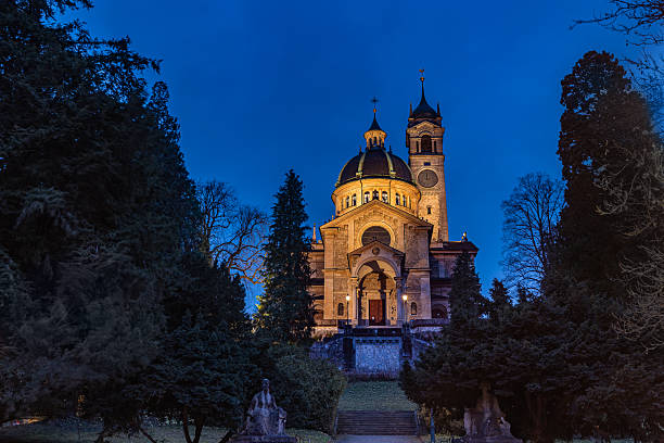 The reformed Church Enge on hilltop Enge district at blue hours in Zurich Switzerland