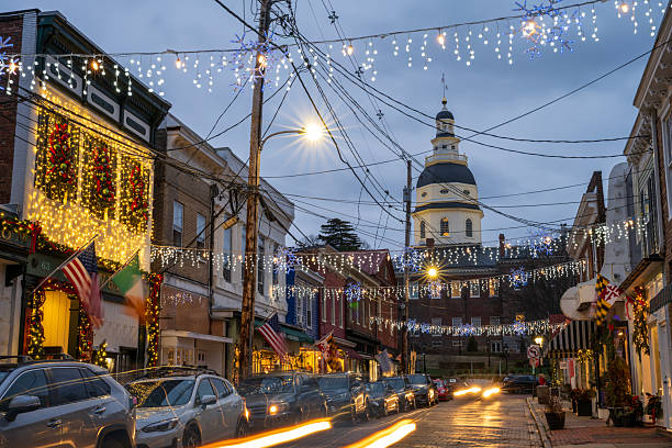 Annapolis, USA - December 27, 2025. Christmas decoration of Maryland Avenue in Annapolis, Maryland, USA