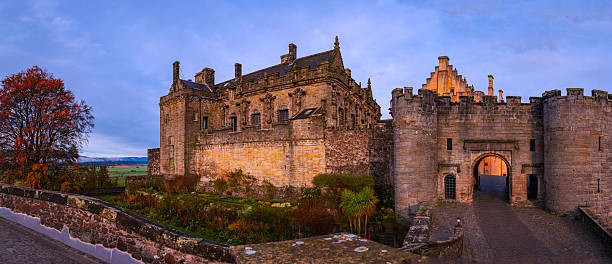 Stirling, UK - September 25, 2022: View of the historic Stirling Castle, and its garden, with visitors, in Scotland, UK