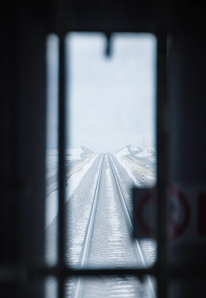 A dramatic, narrow perspective shot of the Qinghai-Tibet Railway tracks stretching toward the horizon, captured through a train door window. The surrounding landscape of the Tibetan Plateau is covered in white snow under a misty, high-altitude sky. This image symbolizes the vastness of the journey to Lhasa, remote exploration, and the incredible engineering of the world's highest railway. The blurred dark frame adds a sense of being a passenger on this iconic adventure.