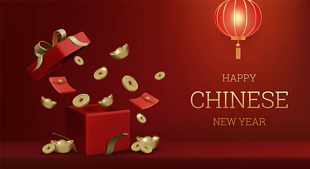 istock 3D vector illustration of open red gift box with flying gold coins and ingots. Concept for happy chinese new year greeting card. Luxury and premium festive holiday background banner template. 2254210754