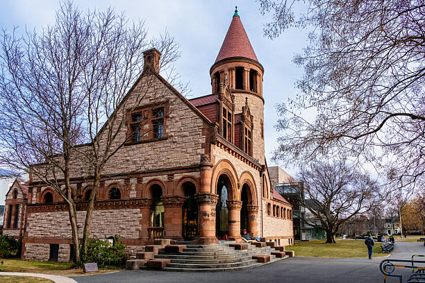 Cambridge, Massachusetts, USA - December 26, 2025:  Historic Cambridge Public Library built in 1888. Richardsonian Romanesque design. Added to National Register of Historic Places in 1982.