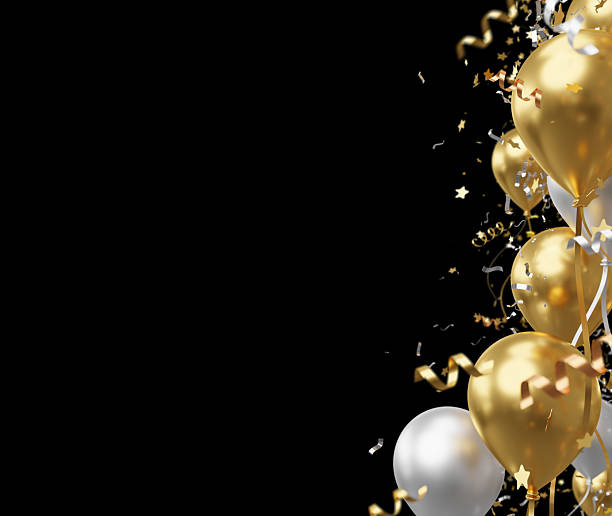 istock Premium golden and silver balloons with confetti on black background with copy space for luxury celebration 3D render 2254212529