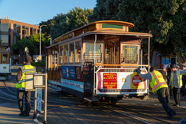 San Francisco. October 03, 2025. - Uniformed staff members manually rotate a historic San Francisco cable car on its wooden turntable platform under a clear blue sky.