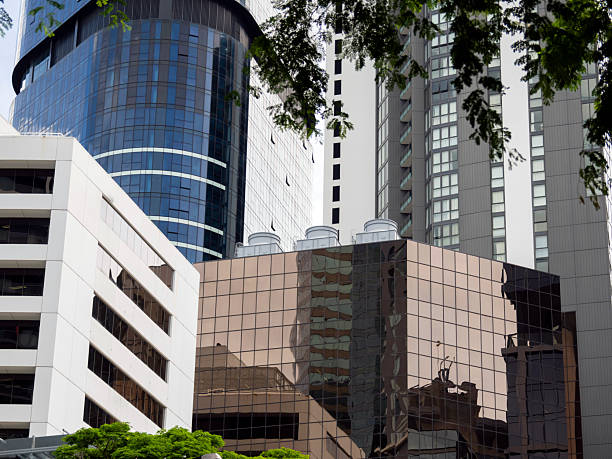 Exterior of futuristic office buildings located in the Central Business District of Brisbane, Australia.