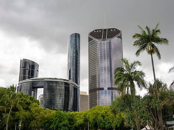 Exterior of futuristic office buildings located in the Central Business District of Brisbane, Australia.