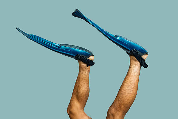 Male diver preparing for a dive, wearing blue flippers and kicking up legs on a teal background