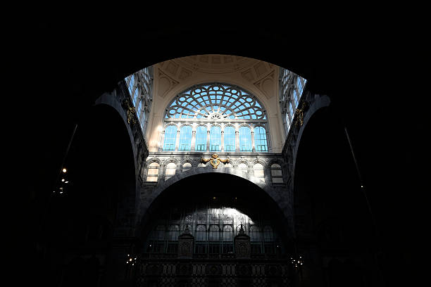 Details of antwerp central station. Details of roof, entrance, ceiling and concourse.