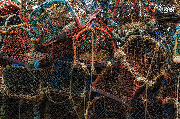 Fishing gear such as traps and pots on display on a harbor wall at St Andrews, Scotland