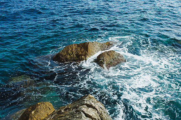 Blue waves gently crash on the rugged rocks at the shoreline, creating a serene atmosphere with sunlight reflecting on the clear water during a tranquil afternoon by the coast.