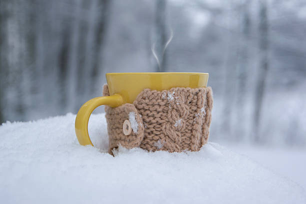 istock Yellow cup with hot tea in snowy winter forest 2254232266