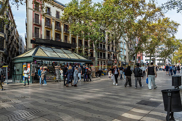 Barcelona, Spain-November 1, 2025. Wide view of the famous La Rambla street featuring plane trees, kiosks, and tourists during a sunny day.
