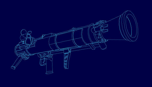 istock A hand-held grenade launcher blueprint on a blue background features a cylindrical body, long barrel, side handle, top nozzle, and front control panel. 2254241714