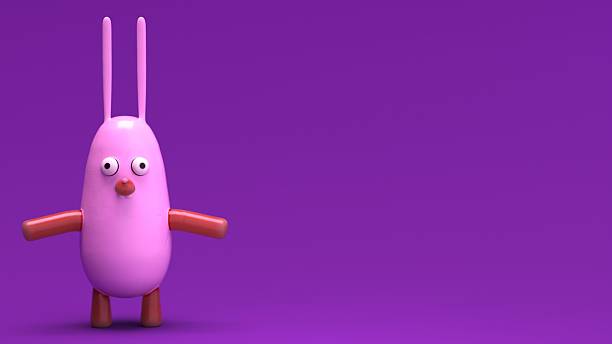 3D render of rabbit character in color pink with arms in color red, position on left side, lighting in studio, background with color purple, area on right for text and layout.