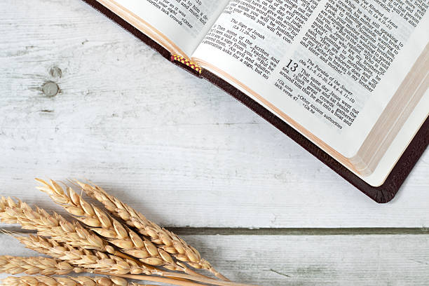 istock Wheat and holy bible book on wooden table 2254242380
