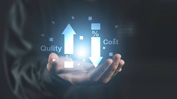 istock Digital concept showing upward arrow for quality and downward arrow for cost, representing cost reduction, business efficiency, and strategic budget management for competitive advantage. 2254243632