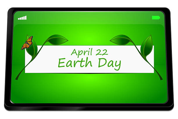 Tablet computer with Earth Day Banner - 22 April on green desktop - 3D illustration