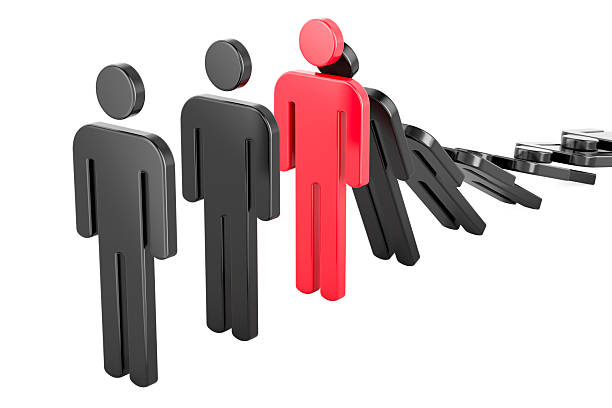 Domino effect. Stick figure stopping the domino effect. 3D rendering isolated on white background