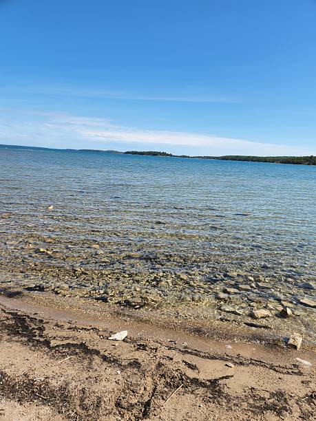 istock Clear Shallow Lake Water Along Rocky Shoreline Under Blue Sky 2254253099