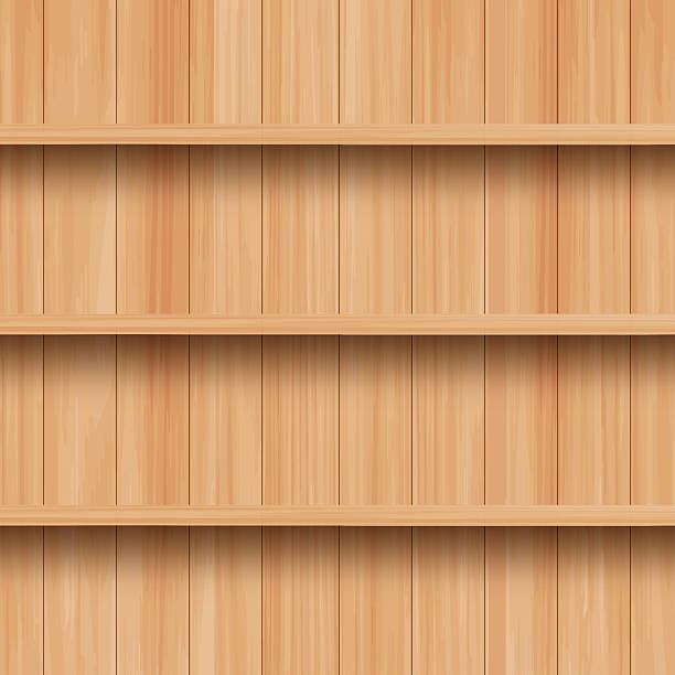 istock Realistic wooden shelf background with vertical planks and empty display spaces for product mockup, interior design, natural wood textures. Vector illustration 2254256390