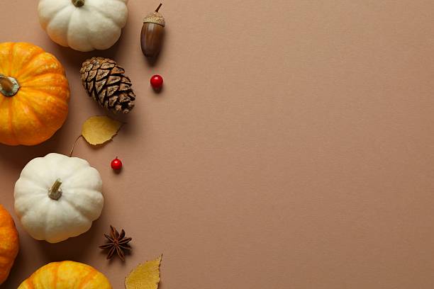 istock Beautiful autumn composition with pumpkins on a color background, top view 2254256782