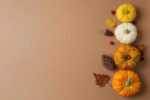 istock Beautiful autumn composition with pumpkins on a color background, top view 2254256783