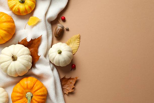 istock Beautiful autumn composition with pumpkins on a color background, top view 2254257378