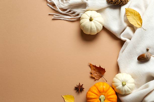 istock Beautiful autumn composition with pumpkins on a color background, top view 2254257395