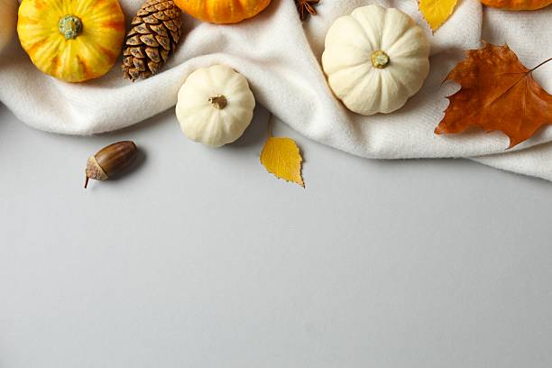 istock Beautiful autumn composition with pumpkins on a gray background, top view 2254257453