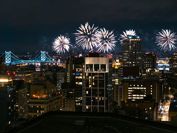Stunning fireworks display lights up the night sky over the city skyline, creating a joyful celebration atmosphere.