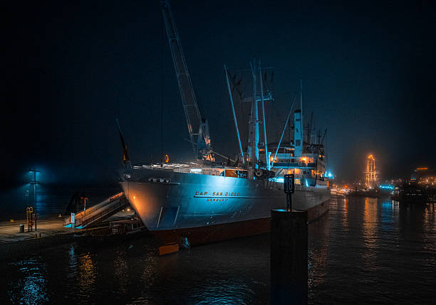 Museum Ship Cap San Diego Illuminated by Colorful Lights at Night