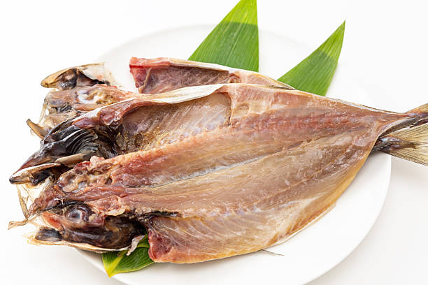 istock Dried horse mackerel on a plate on a white background 2254259550