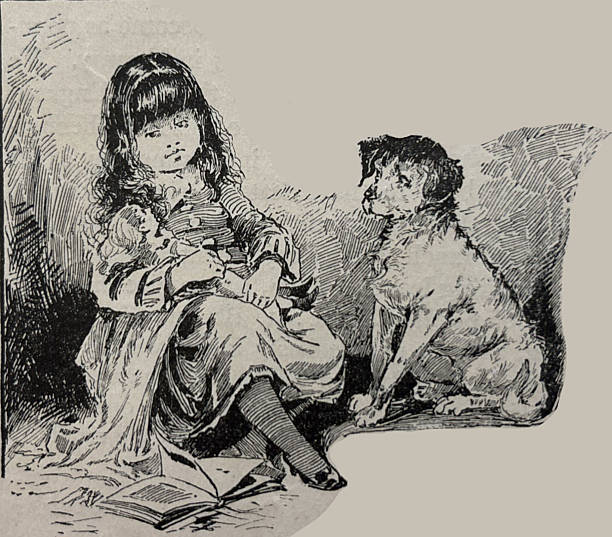 Antique illustration pre 1900 - young girl sitting with a dog